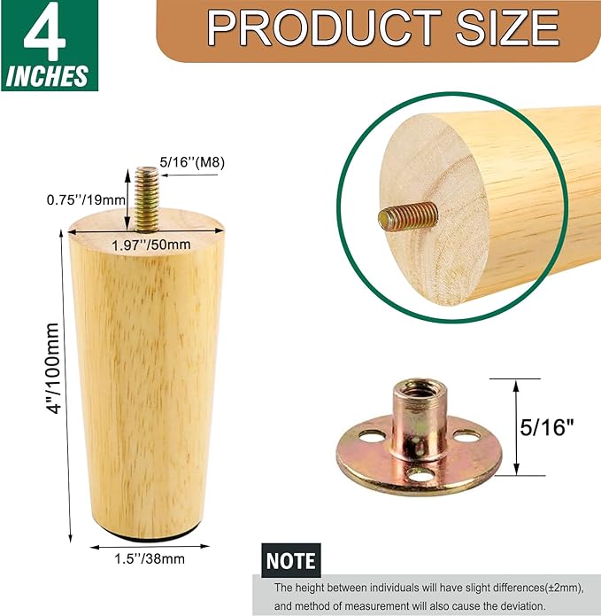 4 Inches Round Solid Wood Furniture Legs Set of 4, Natural Wooden Replacement Feet with Threaded 5/16'' Hanger Bolts for Sofa, Couch, Armchair, Cabinet, TV Stand, Ottoman and Dresser