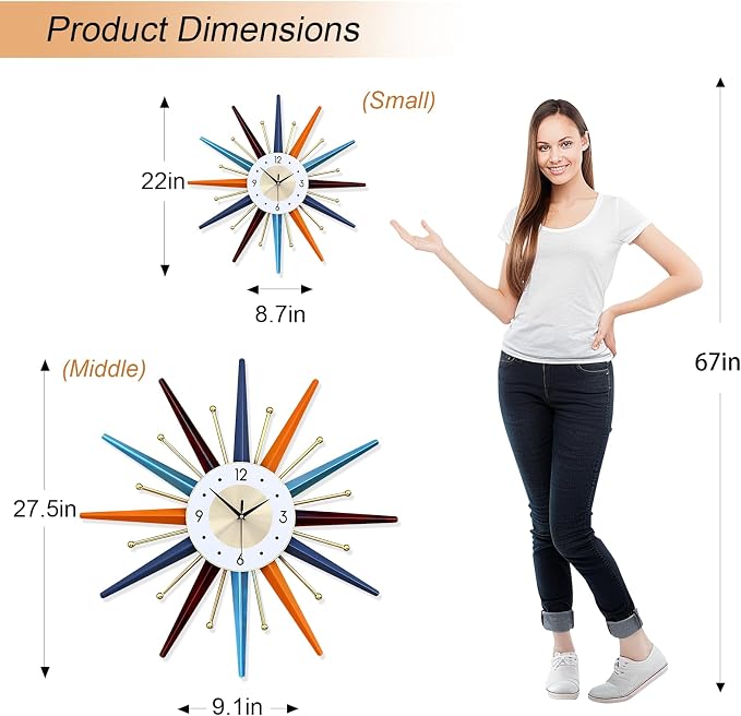 Large Wall Clock 27.5 Inch Modern Wall Clock Starburst Mid-Century Modern Decor Non-Ticking Battery Operated Colorful Clock Home Decorations for Living Room Bedroom Kitchen Office