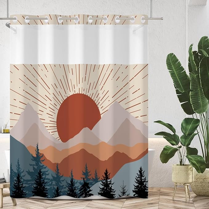 No Hook Boho Shower Curtain with Snap in Liner Set Mid Century Shower Curtains for Bathroom Decor Abstract Modern Sun Minimalist Aesthetic Waterproof Polyester Fabric 71x74 Inch