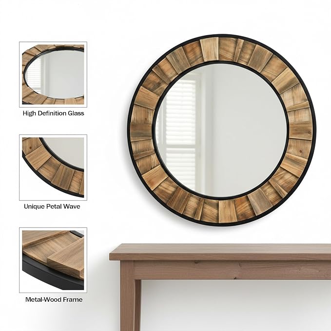 ZIYOO Round Wood Mirror 30", Metal & Wooden Frame Decorative Wall Mirror for Bathroom Vanity, Bedroom Living Room Entryway (Wood and Metal,30")