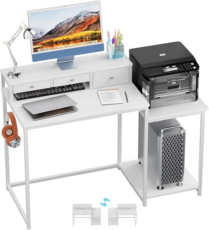 SINPAID 47 inch Computer Desk with Printer Shelf, Gaming Desk with Monitor Stand and Drawers, Reversible Home Office Desk with Storage Shelves and 2 Hooks, Home Workstation for Study Writing, White