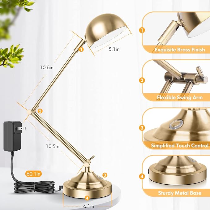 TOBUSA Architect Gold Desk Lamp Dimmable with USB Port, Adjustable Touch Control Vintage Desk Lamp 3 Color Modes, Brass Metal Desk Lamp Retro Style Reading Light for Home Office Desk Bedside Table