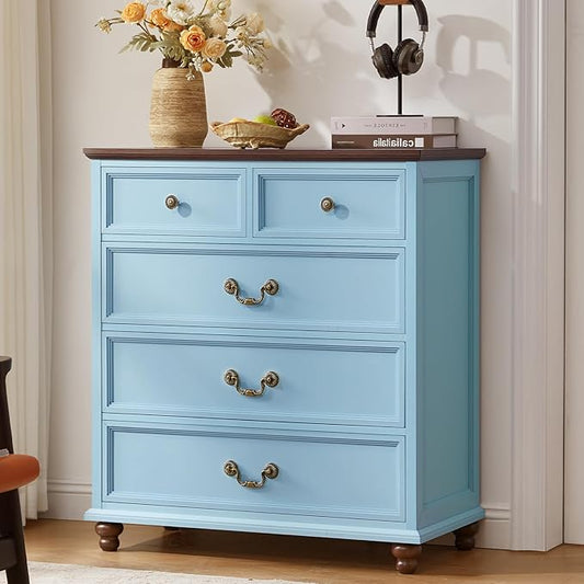 Farmhouse 5 Drawer Dresser for Bedroom, 35" Tall Rustic Chests of Drawers w/ 4 Solid Wood Feet, Mid Century Modern Wooden Closet Storage Dressers Organizer for Living Room, Hallway,Light Blue