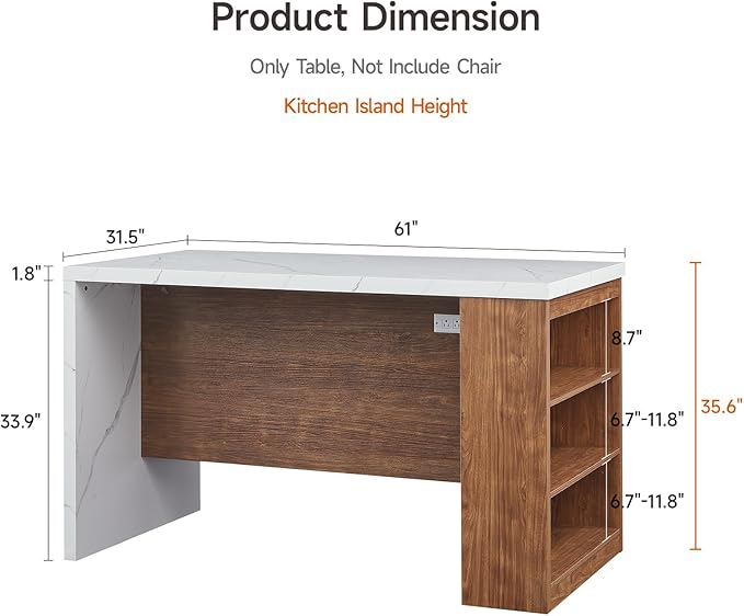 ONBRILL 61"*31" Whole Board of Tabletop Kitchen Island Table with Storage Space, Power Outlet & LED Lights, Modern Imitation Marble Large Counter Height Dining Table for 4 (White)