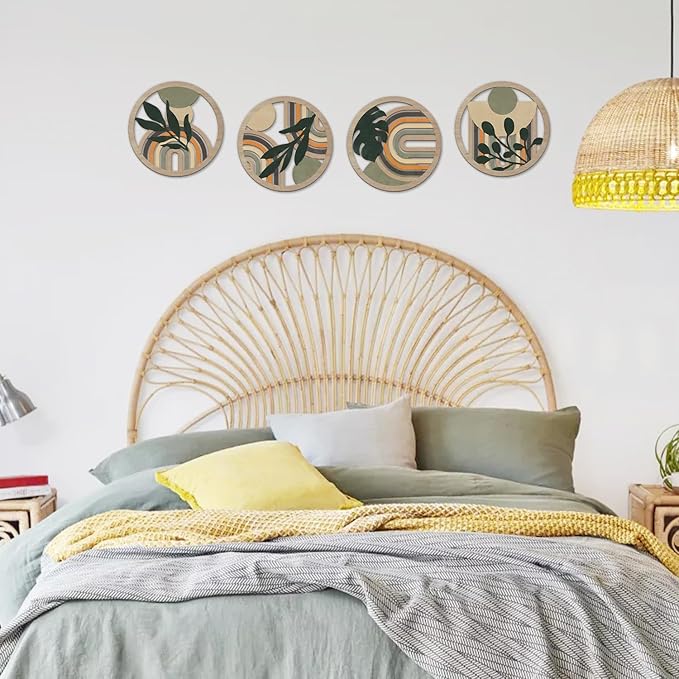 TOARTi 4Pieces Boho Botanical Wooden Wall Art Abstract Bohemian Hanging Sign Farmhouse Geometric Neutral Round Wall Decor Mid Century Minimalist Aesthetic Plant Artwork for Bedroom Living Room Office Decor