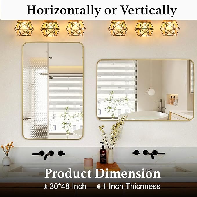 Gold Wall Mirror for Bathroom 30X48 Inch Stainless Steel Metal Frame Bathroom Vanity Mirror Rounded Rectangle Mirror Rustproof for Entryway, Living Room Hangs Vertically or Horizontally