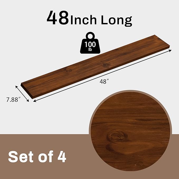 48-Inch Solid Walnut Floating Shelves Set of 4-Rustic Farmhouse Wall Shelves with 100 lb Capacity, Heavy Duty Easy Install for Bathroom, Kitchen, Living Room&Home Decor