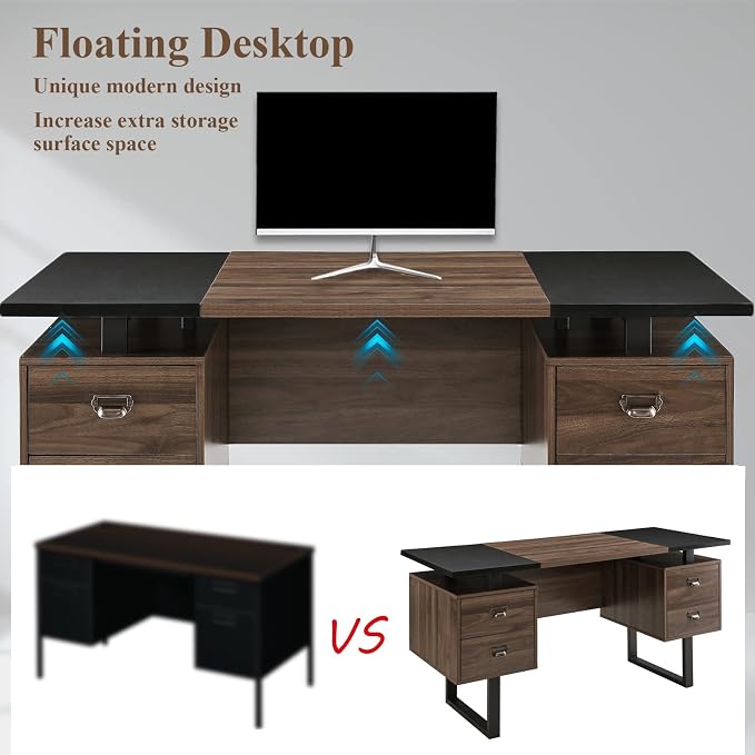 Computer Desk with Drawers 59" L Contemporary Home Office Laptop Desk with Floating Desktop and 4 Storage Drawers Vintage Study Gaming Table with Metal Frame Black & Walnut CTSZ20401WACM
