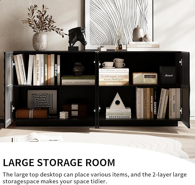 LKTART 59" Sideboard Buffet Cabinet with Storage, 4 Doors Modern Accent Storage Sideboard, Floor Cabinet Buffet with Spiral Grain for Kitchen, Living Room (Black)