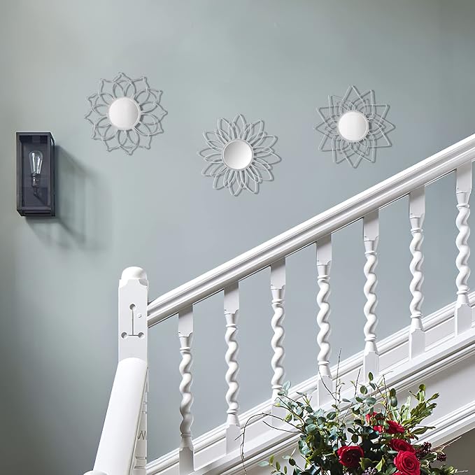 Silver Mirrors for Wall, 9 inch Metal Flower Mirrors Home Valentine Decoration, Valentine Wall Art Decorative Mirror Small Mirror for Living Room Bedroom, Entrance Set of 3