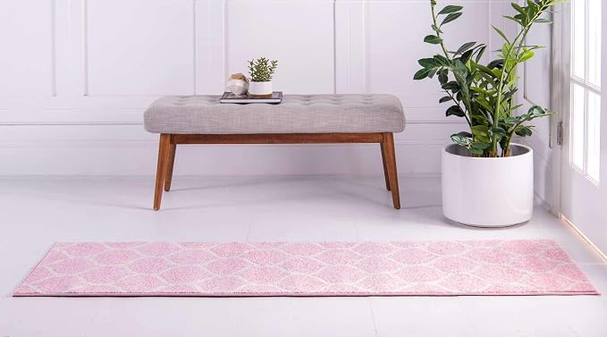 Unique Loom Trellis Frieze Collection Area Rug - Rounded (2' x 8' 8" Runner, Light Pink/ Ivory)
