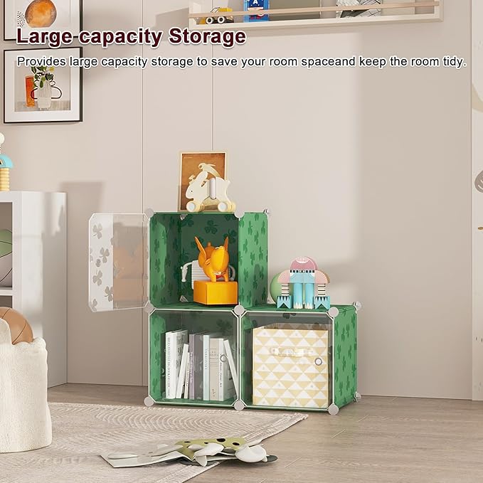 C&AHOME Cube Storage Organizer with Doors, 3-Cube Shelves, DIY Plastic Modular Bookshelf, Closet Clothes Storage Shelving Ideal for Bedroom, Living Room, Clover Embossed, Green