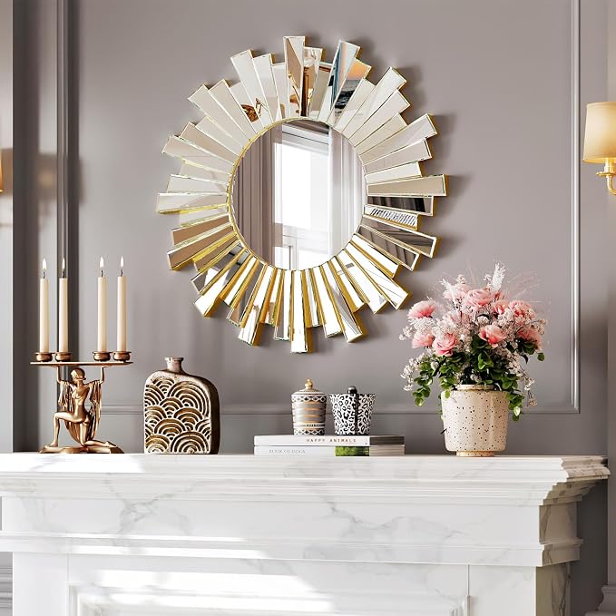 Sunburst Round Wall Mirror - 26" Large Starburst Decorative Mirror with 3D Beveled Glass Frame, Modern Frameless Unique Wall Decor for Living Room, Dining Room, Entryway, Fireplace