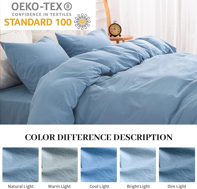 NEXHOME PRO Duvet Cover Set 100% Washed Cotton California Kingn 104"x98", Organic Natural Linen Look Textured 3 Pieces Bedding Set Blue with Zipper Closure & Corner Ties, Breathable (No Comforter)