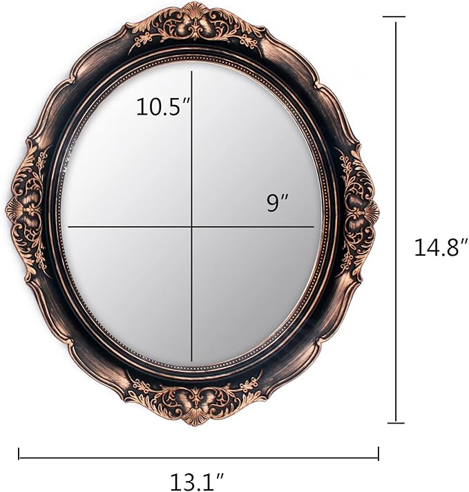 Eaoundm 13.1 x 14.8 inchs Plastic Frame Decorative Wall Mirror,Vintage Hanging Mirrors for Bedroom Living-Room Dresser Decor Oval (Vintage Gold Bronze)