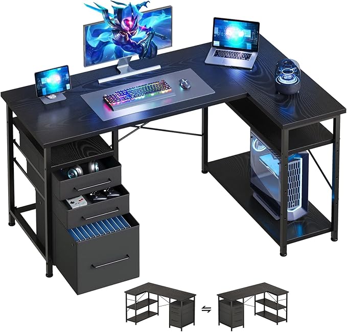 Maihail 47" Computer Desk with Drawers, Desks for Bedrooms, Writing Desk with Storage, Work Desk for Small Space, Black
