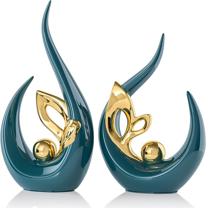 Teal Gold Home Decor Accent,Abstract Ceramic Statue and Sculptures for Living Room,Mid Century Modern Decor for Desktop Bookshelf tv Stand Fireplace Coffee Table Centerpieces Decorations