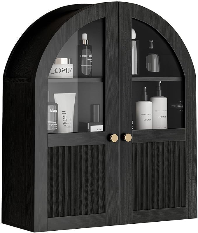 Arched Bathroom Wall Cabinet, 24 x 28 Inch Over The Toilet Storage Cabinet with Glass Door, Fluted, Adjustable Shelf, Wall Mounted Floating Wooden Medicine Cabinets for Bathroom Laundry Room, Black