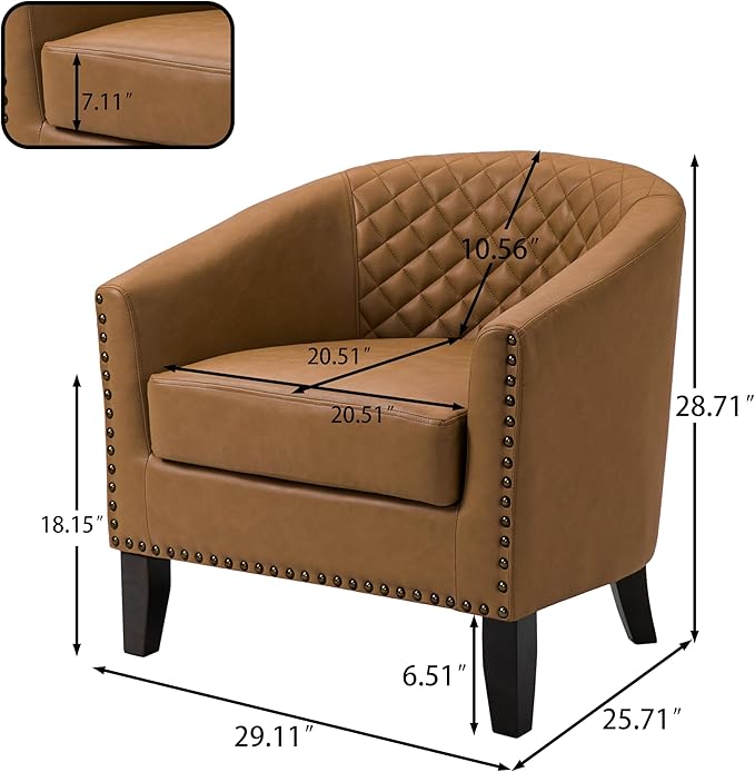 UIXE Faux Leather Barrel Accent Chair, Living Room Club Arm Chairs Modern Round Armchair Comfy Upholstered Single Sofa Reading Seat, Coffee/Light Brown