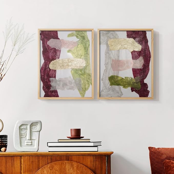 Renditions Gallery Set of 2 Peel & Stick Framed Prints, Abstract Wall Art, Mix Color Dyed Textures Wall Decor, Re-Stickable - Ready to Hang - 8"x10" - NATURAL WOOD Frame LT588
