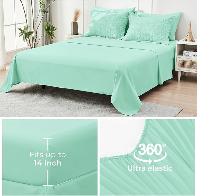 HYMOKEGE Mint Green Full Size Comforter Sets Seersucker 7 Pieces, All Season Luxury Bed in a Bag for Bedroom, Bedding Set with Comforter, Sheets, Pillowcases & Shams
