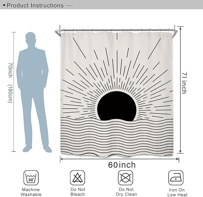 Miyotaa Black Sun Minimalist Shower Curtain Set 60Wx71H Inches Sunrise Sunset Mid Century Vintage Aesthetic Retro Modern Polyester Waterproof Cloth Bathroom Curtain with 12 Hooks