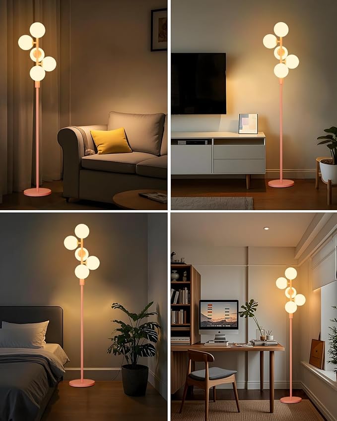Lightdot Dimmable (Brightness Adjustable) Globe Floor Lamp, Retro Pink Pole Standing Lamps with 5PCS Bulbs Included, Mid Century Modern Floor Lamp for Living Room/Bedroom/Sofa Beside/Corner Decor