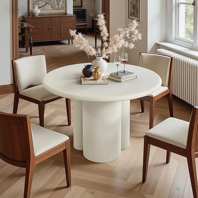 44.9" Modern Round Dining Table for 4-6, 2" Thickened Matte Concrete Tabletop & Unique Cloud-Shaped Pedestal, Circle Kitchen Table for Dining Room Apartment, Easy Assembly & Clean (White, Only Table)