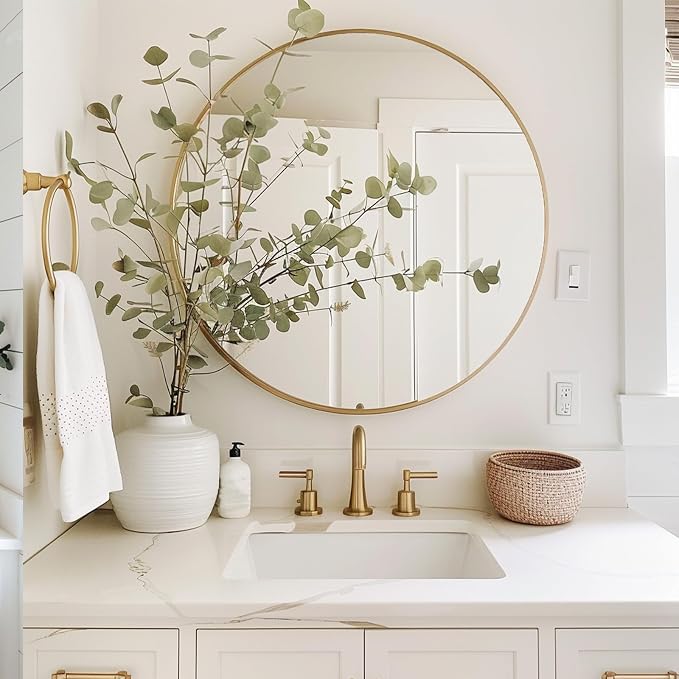 Sunniry Gold Round Mirror, Circle Mirror 26 inch, Gold Circle Mirrors Brushed Metal Frame, Round Mirrors for Wall, Living Room, Bathroom, Entryway, Rustic.