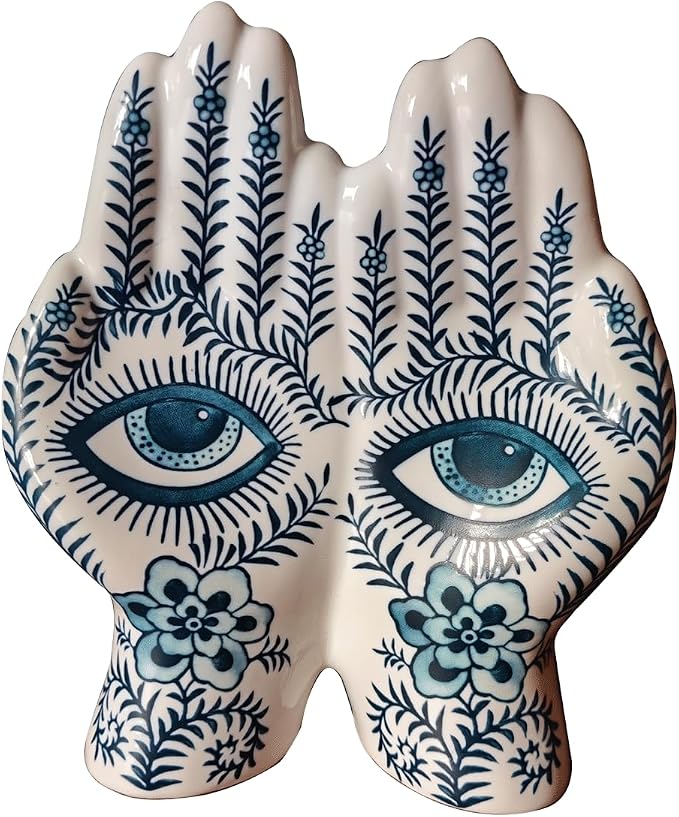 Blue Eye Hand Ceramic Sculpture, Modern Abstract Art Decor Figurine, Hand Shaped Blue Floral Ornament for Living Room, Bookshelf, Office, Home Decor,Decoration Gift