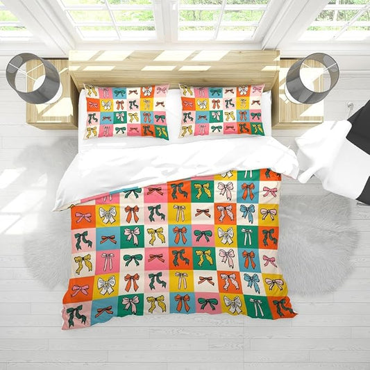 Cute Colorful Bow Bedding Set King Size Teal Green Blue Red Bow Comforter Covers Set for Kids Girls Women Trendy Coquette Preppy Room Decor Quilt Bed Cover Girly Bedroom Decor 104"x88"