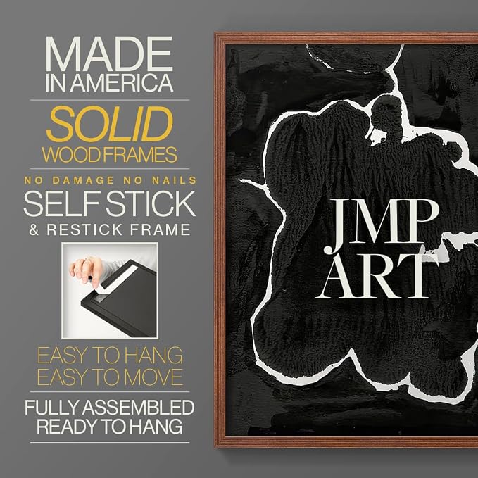 Renditions Gallery Set of 2 Peel & Stick Framed Prints, Fluid Abstract Wall Art, Black and White Inkblot Wall Decor, Re-Stickable - Ready to Hang - 11"x14" - Walnut Frame LT588