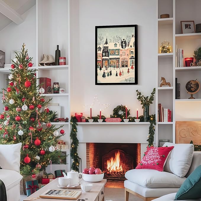 Framed Winter Street Scene Canvas Wall Art Retro Painting Print Poster Picture Gallery Wall Decor Living Room Bedroom Dining room 12X16 Inch Ready to Hang