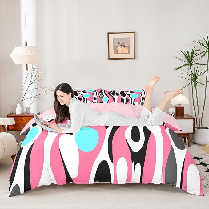 Erosebridal Mid Century Modern Abstract Duvet Cover Set Vintage Geometric King Bedding Set for Adult Men Contemporary Organic Shapes Comforter Cover Squiggle Blob Bed Sets,Pink Turquoise