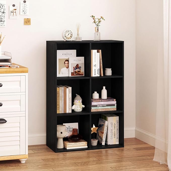Tangkula 6-Cube Bookcase, Large Floor Standing Horizontal Bookshelf with 6 Open Shelves & 2 Anti-Tipping Kits, Home Office Wooden Storage Book Shelf for Living Room, Study (Black, 6-Cube)