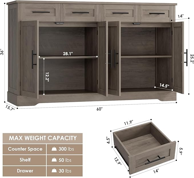 HOSTACK 60" Large Buffet Sideboard with Storage, 36" Tall Kitchen Buffet Storage Cabinet with 4 Drawer, Modern Coffee Bar Cabinet with Black Handle, Long Sideboard Table for Living Room, Ash Gray