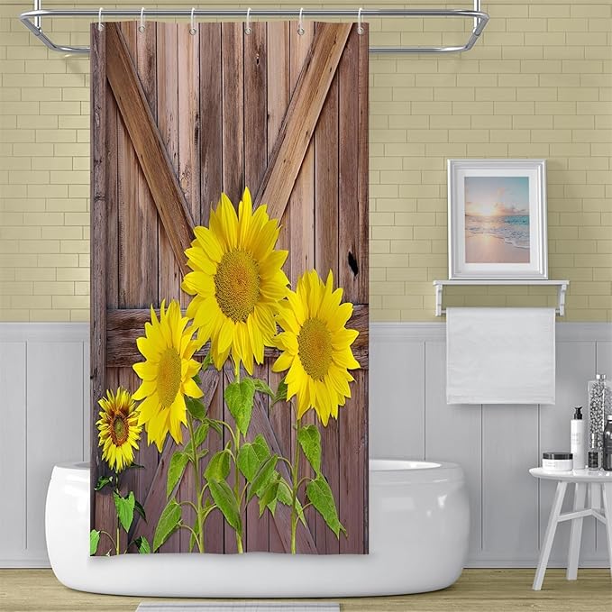 Rustic Farmhouse Shower Curtain - Yellow Sunflowers, Vintage Wood Door, Retro Country - Washable Polyester Durable Fabric With Hooks, 36x72 Inch