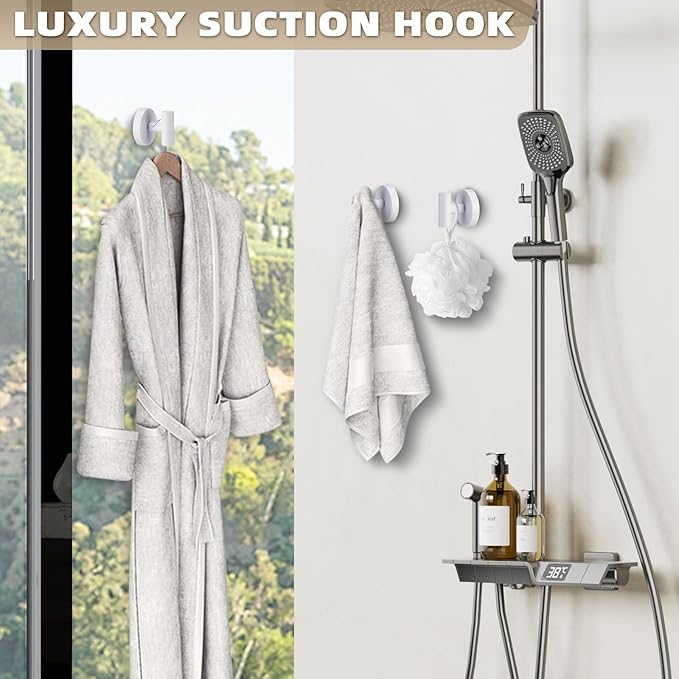 Suction Cup Hooks for Shower - Bathroom Reusable Hooks for Towels, Robes & Loofah - No-Drill Mounting on Kitchen,Walls,Metal,Glass,Mirrors,Tile & Smooth Non-Porous Surfaces (4, White)