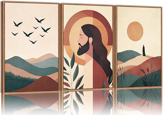 KaiWithYuan Large Jesus Portrait Framed Canvas Wall Art Set of 3, Boho Christian Bible Posters Wall Decor, Catholic Religious Calming Faith Art Paintings for Bedroom Living Room Church Office 16"x24"