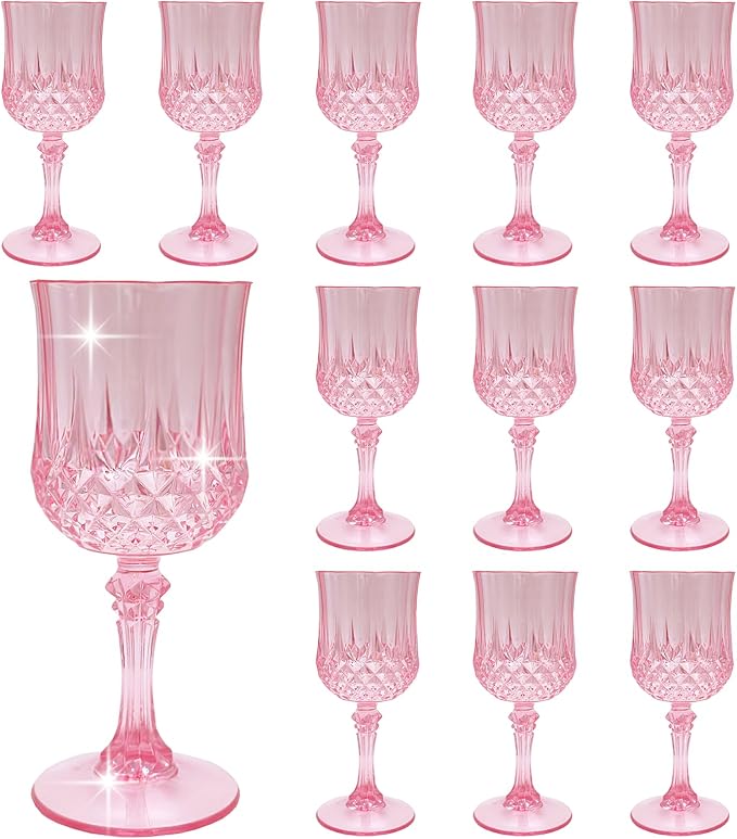 Plastic Wine Glasses, Plastic Goblets Vintage Style Cordial Drinking Glasses for Valentine’s Day, Wedding Reception, Grand Event Party Supplies (12, Pink)