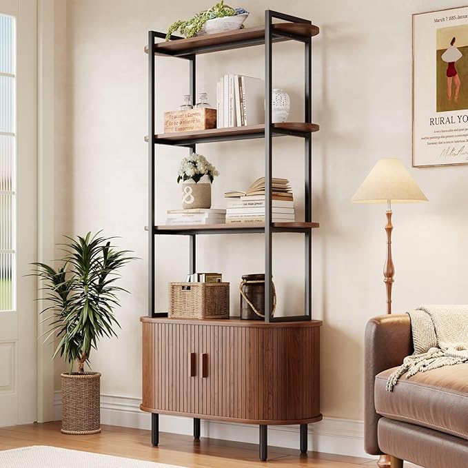 4 Tier Tall Bookshelf with Cabinet, Fluted Bookcase with Sliding Door, Metal and Wood Display Shelf, Free Standing Storage Shelving Unit, Corner Storage Organizer for Living Room, Home Office, Walnut