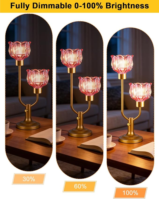 Lightdot Mid Century Modern Red Table Lamp Dimmable Vintage Gold Flower Desk Lamp Lotus Glass Nightstand Lamp 2 Bulbs Included Warmwhite Ambient Bedside Lamps for Living Room Bedroom Home Office Decor