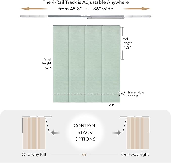 GoDear Design Adjustable Sliding Panel Track Sliding Glass Door Blinds 45.8"- 86" W x 96" H, Extendable Vertical Blinds for Patio Doors, Green Shimmering Trimmable Woven Fabric Panel, Semi-Sheer, Jade