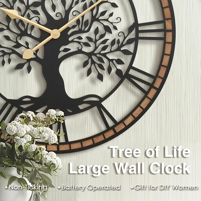 Micasso Rustic Large Wall Clock: 27Inch Farmhouse Tree of Life Metal with Wood Frame - Vintage Battery Operated Wall Clocks for Bedroom/Office/Living Room/Kitchen - Home Decor for Porfessional