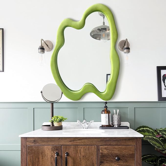 Irregular Wall Mirror, 24"x 32" Green Wavy Mirror, Flannel Wrapped Wooden Frame Asymmetrical Decorative Mirrors, Modern Wall Mirror for Bedroom Living Room Entryway