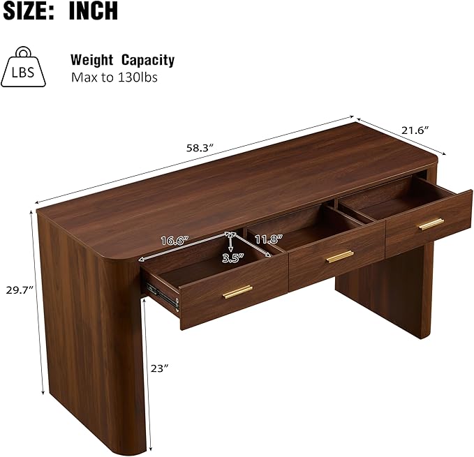 Merax Modern Minimalist Computer Desk with 3 Storage Drawers, 58.3" Wood Computer Desk with Rounded Edges & Reinforced Legs, Large Home Writing Desk for Bedroom, Dark Walnut