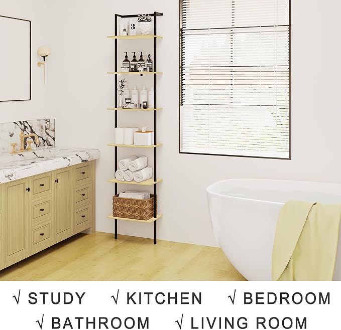 6-Tier Ladder Shelf, 77 Inches Wall Mounted Ladder Bookshelf with Metal Frame, Wood Tall Open Storage Rack and Display Shelves for Home Office Bedroom Living Room, Light Oak