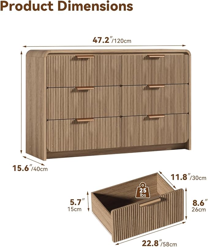 47" Wide Fluted 6 Drawer Dresser for Bedroom, Chest of Drawers with Curved Profile Design, Modern Wood Closet Clothes Storage Organizer for Bedroom, Living Room, Hallway, Walnut