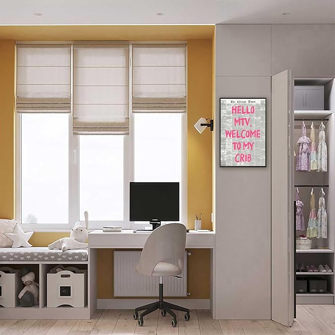 Retro Hello Mtv Welcome To My Crib Posters Pink Font Newspaper Canvas Wall Art Positive Affirming 70'S Room Aesthetic Prints Painting For Home Bedroom Dorm Wall Decor 8x12in Framed