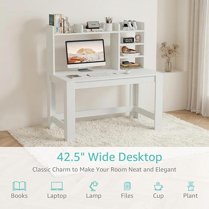 WINAZ White Computer Desk with Hutch and Power Outlet - 43 Inch Small Space Study Writing Table with Storage Shelves Monitor Stand, Modern Home Office Workstation Desks for Bedroom, Easy Assembly